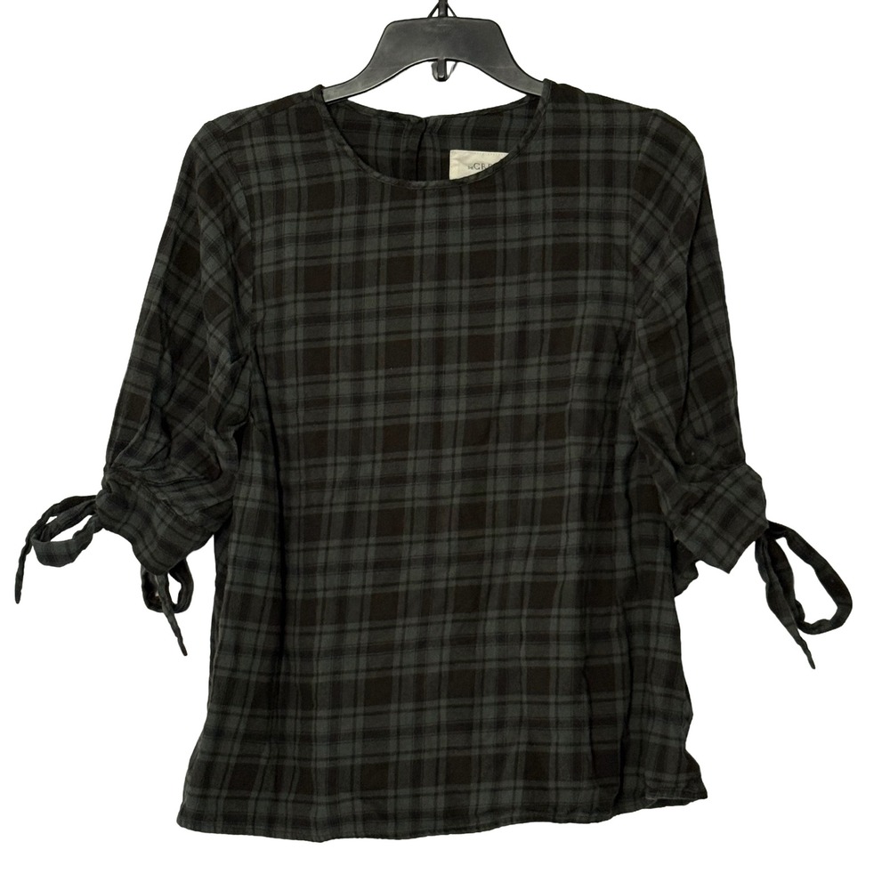 The Great Emerald Plaid Bow Sleeve Tie Button Back Top -‎ 0 / XSmall - Picture 2 of 7